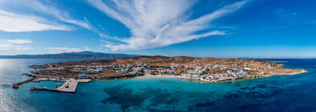 Greece, Koufonisi island, small Cyclades. Aerial drone panoramic view. Pano Koufonisi panorama white...
