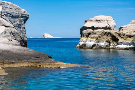 Milos island, Sarakiniko. Cyclades Greece. Lunar landscape. White color rock formations, cliffs and...