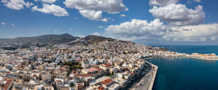 Syros island, Greece, Cyclades capital Ermoupolis cityscape, coastline panorama, Siros or Syra...