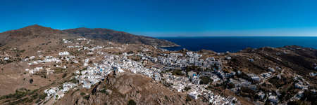 Greece Cyclades. Ios island, Chora town panorama aerial drone view. Traditional Cycladic architecture, whitewashed buildings calm Aegean Sea, blue sky background. Summer vacations destinationの写真素材