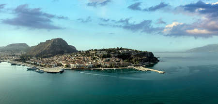 Greece, Nafplio or Nauplion city, Aerial drone view. Peloponnese old town cityscape, Palamidi castle...