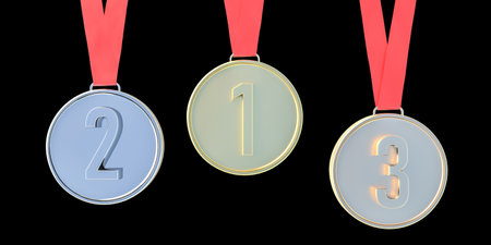 Medals set. Sports champion and winner awards, gold, silver and bronze, with red ribbons hanging on black background. Competition, first place trophy, ranking concept. 3d illustrationの写真素材
