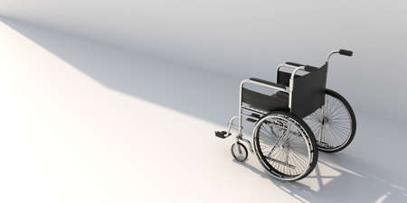 Wheelchair in an empty white background facing the light, view from behind. Mobility and hope for disabled and handicapped. Copy space, advertise template. 3d illustrationの写真素材