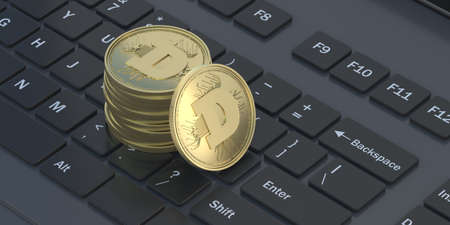 Dogecoin, crypto currency gold goge coins stacked on computer laptop keyboard background. Blockchain...