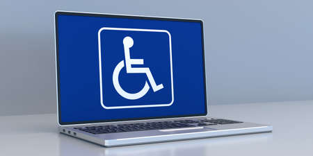 Disabled, handicapped and technology concept. Wheelchair sign symbol on a laptop screen. 3d...