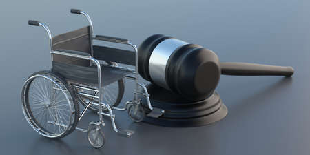 Wheelchair and judge gavel on gray background. Law for disabled people and handicapped rights...