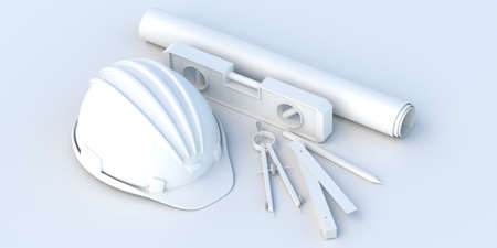 Construction hardhat, level instrument, caliper and building blueprints isolated on white background. Monochrome minimal project design and site equipment, creative engineer concept. 3d illustrationの写真素材