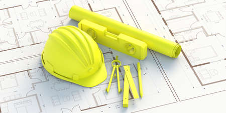 Construction hardhat, level instrument caliper and accessories on building blueprints background....
