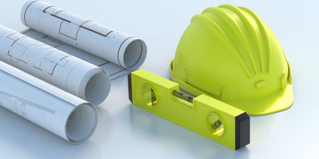 Construction building blueprints, hardhat and level instrument isolated on white background. Spirit...