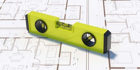 Level instrument on construction building blueprints background. Spirit bubble level, hand tool...