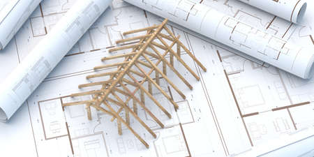 Roof construction industry and design.  Wooden framing  trusses, roof beams structure on project...
