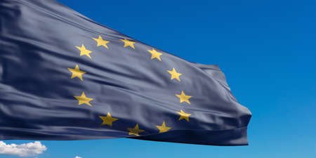 EU sign, symbol. European Union flag waving on clear blue sky background. United Europe concept. 3d illustrationの写真素材