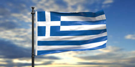 Greece sign, symbol. Greek national official flag waving on a pole, blue sky with clouds background....