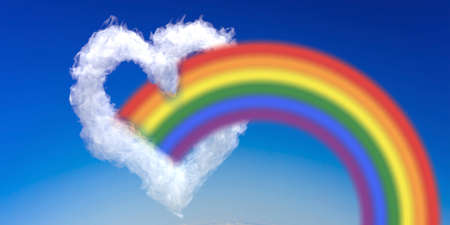Heart shape cloud and rainbow arch on blue sky background, Gay pride colors spectrum for sexual diversity. 3d illustrationの写真素材