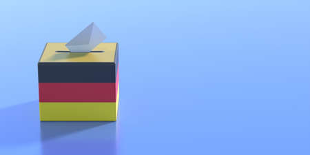 Germany election 2021, German national flag voting container on blue color background, Envelope on ballot box slot, vote to elect the members of the Bundestag. copy space, template. 3d illustrationの写真素材