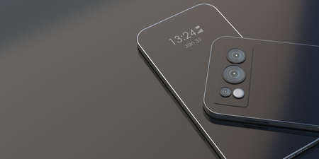 Mobile phone triple camera and flash on back side, date and time on screen in front side, black...