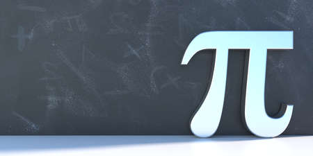 Pi, irrational number, Greek alphabet letter, mathematical symbol. White color pi on school blackboard background. International number Pi day March 14, copy space, template. 3d illustrationの写真素材