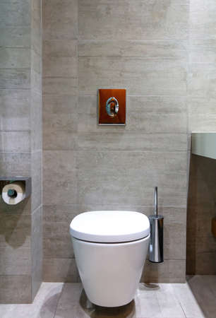 Modern toilet interior design, hanging toilet bowl, brush and flush button. Luxury lavatory accessories on marble tiled walls and floor light gray color background.の写真素材
