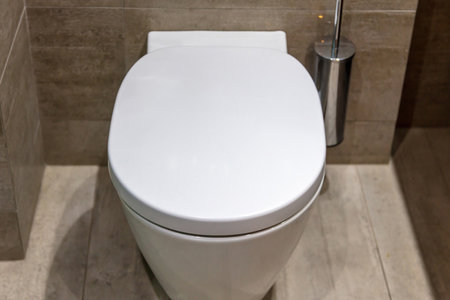 Modern toilet interior design, hanging white toilet bowl with closed cover and brush. Luxury bathroom accessories on marble tiled walls and floor light gray color background.の写真素材