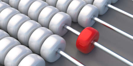 Abacus, count learning traditional students equipment with white color beads, one red, close up...