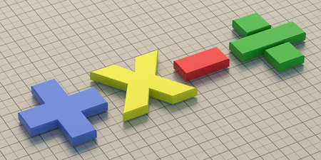 Maths symbols Basic mathematical colorful signs on grid square background. Calculation, mathematics...