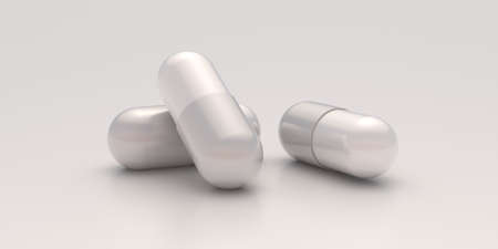 Medication concept. Three white pills isolated on white background. Healthcare science for disease with drugs capsules vitamins tablets herbal therapy placebo prescription medicine. 3d illustrationの写真素材
