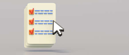 Minimal checklist and computer mouse pointing the checkboxes. Checkmarks on a task list, survey and a pencil , grey background, space, banner. 3d illustrationの写真素材