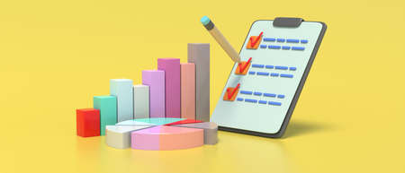 Business financial analysis, checklist tasks, charts and bars on yellow background. Red checkmarks on a clipboard on yellow background, strategy planning, 3d illustrationの写真素材