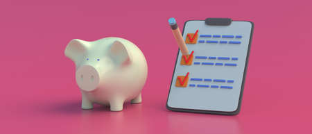 Minimal clipboard checklist and piggy bank on pink color background. Red checkmarks on a task list, budget planning and savings concept, 3d illustrationの写真素材