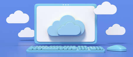 Cloud computing. Desktop computer minimal, keyboard mouse and clouds on blue background, banner. Network data storage technology service concept. 3d illustrationの写真素材