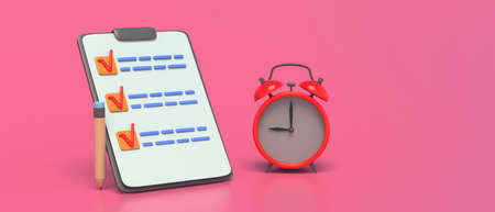 Minimal clipboard checklist and alarm clock on pink color background. Red checkmarks on a task list,...