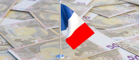 France economy. French flag on fifty euro banknotes background. Banking and finance in France concept. 3d illustrationの写真素材