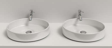Bathroom sink basins and taps, room interior detail. Chrome mixer faucets and two round porcelain washbasins, white background. Modern design, banner. 3d illustrationの写真素材