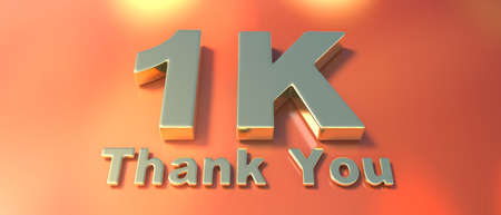1k followers celebration. Thank you one thousand golden text on orange color background. Thanks card for network friends and subscribers. Social media gratitude. 3d illustrationの写真素材
