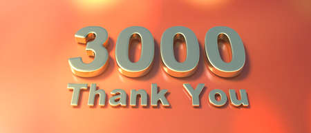 3000 followers celebration. Thank you three thousand gold text on orange background. Thanks card for network friends and subscribers. Social media gratitude design. 3d illustrationの写真素材