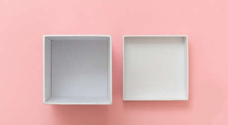 Gift box white empty, open cover on pastel pink background, top view. Blank space, branding...