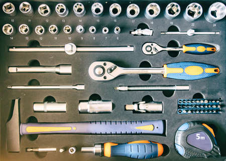 Toolbox. Home repair tools set background. DIY, maintenance service works concept. Workshop hardware...