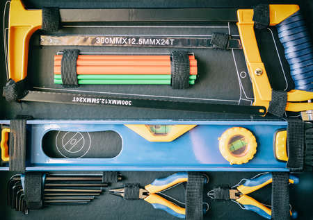 Toolbox. Home repair tools set background. DIY, maintenance service works concept. Workshop hardware...