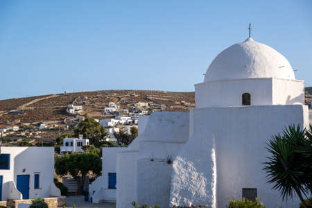 Folegandros island, Greek Orthodox church whitewashed dome at Chora town. Greece, Cyclades. Old chapel, clear blue sky background.の写真素材