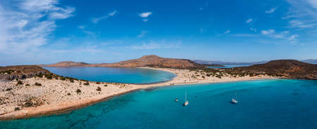 Elafonisos island, Greece. The famous double sandy beach Simos Frangos, aerial drone panoramic view....