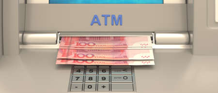 ATM machine and Chinese currency withdrawal. China yuan banknotes on automated teller machine slot. Cash, payments, banking transactions concept. 3d illustrationの写真素材