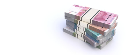 China economy, banking, financial business concept. Chinese Yuan renminbi bill banknotes bundles isolated on white background. 3d illustrationの写真素材