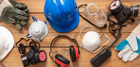 Work health and safety for industry and construction site. Labor personal protective gear flat lay....