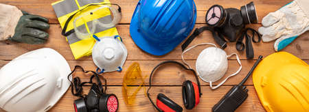 Work health and safety for industry and construction site. Labor personal protective gear flat lay....