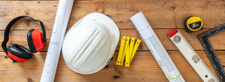 Architect engineer office desk, construction building drawings and safety equipment on a wooden...