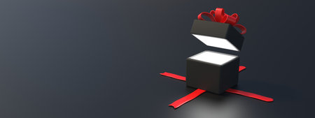 Black Friday sale concept. Gift box minimal black color open and red ribbon bow. Winter season...