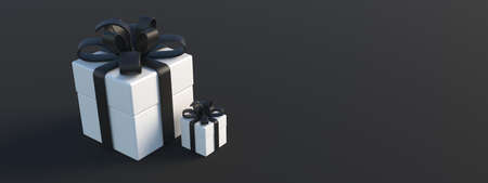 Gifts white with black ribbon bow. Black Friday shopping sale minimal designt. Winter season promotion offer template, banner, copy space. 3d illustrationの写真素材