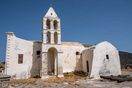 Kythira island, Kithira, Greece. Venetian Castle. Panagia Myrtidiotissa Medieval Greek Orthodox Church next to Panayia Orfani old damaged chapelのeditorial素材