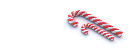 Christmas candy canes isolated on white background, space. Merry Xmas card template. Peppermint red white striped traditional kids candies. 3d illustrationの写真素材