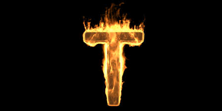 Fire alphabet letter T, flaming burn font. Burning flame text with smoke and fiery effect. Hot glowing design element isolated on black background. 3d illustrationの写真素材